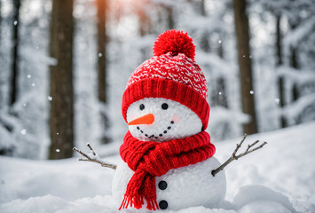 Joyful snowman in a red hat and scarf in a snowy winter forest