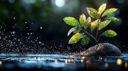   A plant emerges from a rock amidst a body of water, surrounded by droplets of water