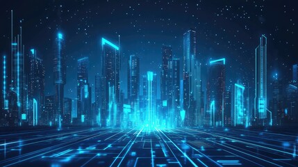 Futuristic cityscape with glowing lines.