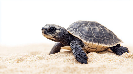 Obraz premium A close-up of a baby sea turtle crawling on a sandy beach, showcasing its detailed shell and flippers under a bright daylight sky.