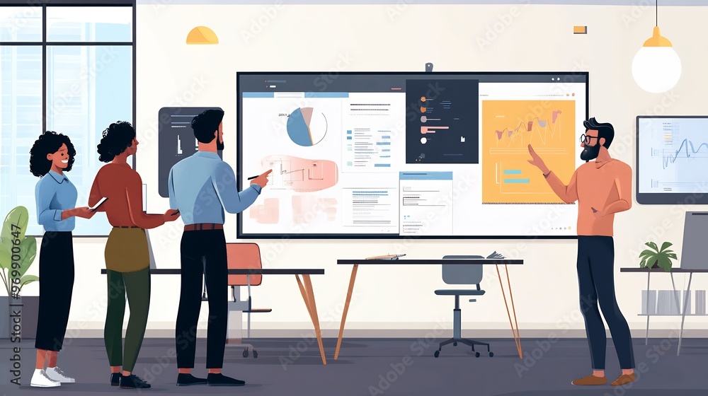 Poster diverse business team discusses data on a large digital screen in a bright office space.
