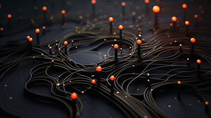 A black and orange image of a network of wires with many small orange balls