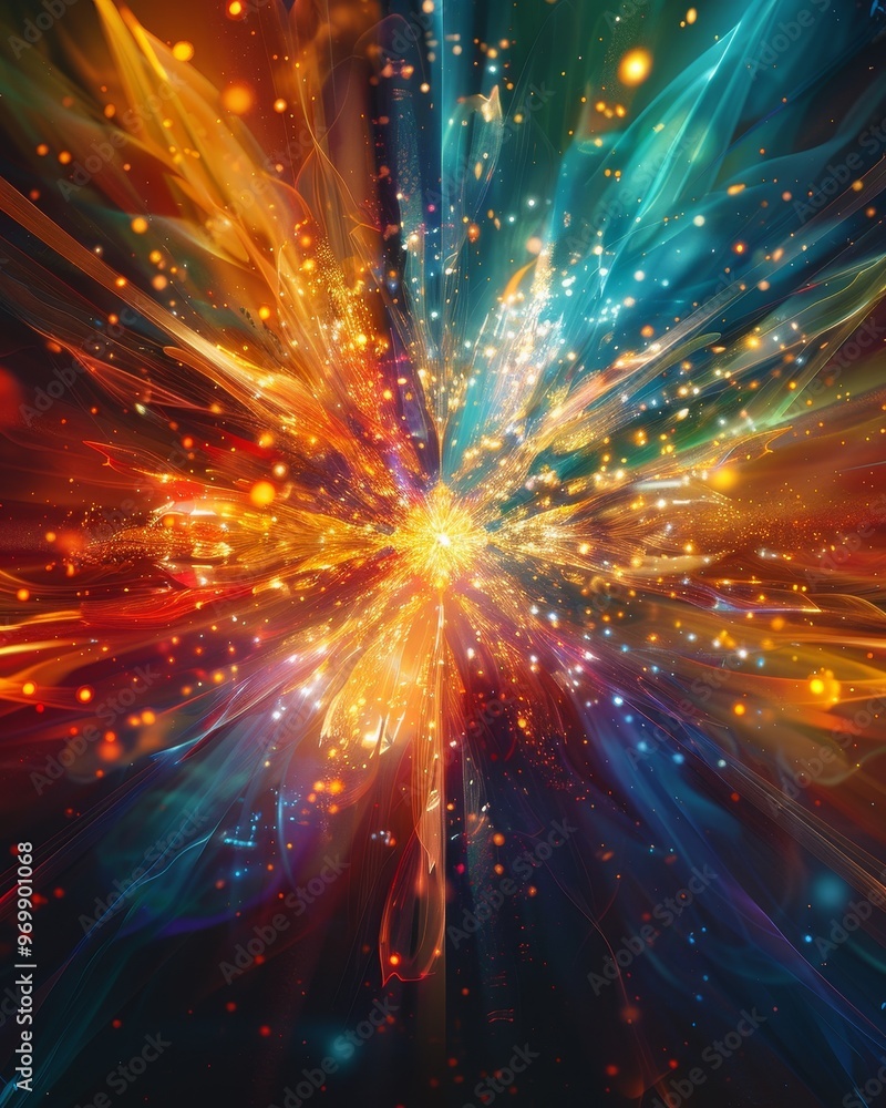 Poster a vibrant explosion of color and light, creating a mesmerizing abstract visual effect. perfect for c
