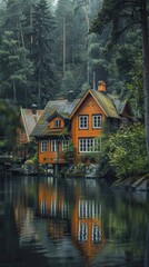 Fototapeta premium Wooden house with a mossy roof reflecting in a lake, surrounded by dense forest.