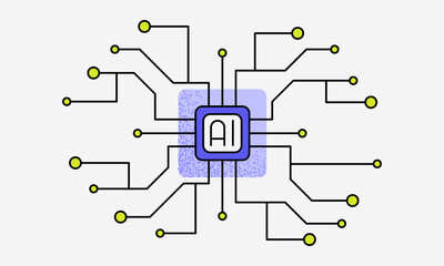 Obraz premium Artificial intelligence chip processor flat vector illustration. AI technology data science graphic icon