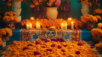 Fototapeta premium Day of the Dead Altar with Marigolds, Candles, and Skulls