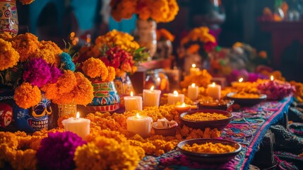 Day of the Dead Altar with Marigolds, Candles, and Skulls