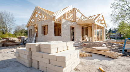 A house under construction with stacks of construction materials, wooden framing in progress, and a partially completed roof in a clear sunny setting.