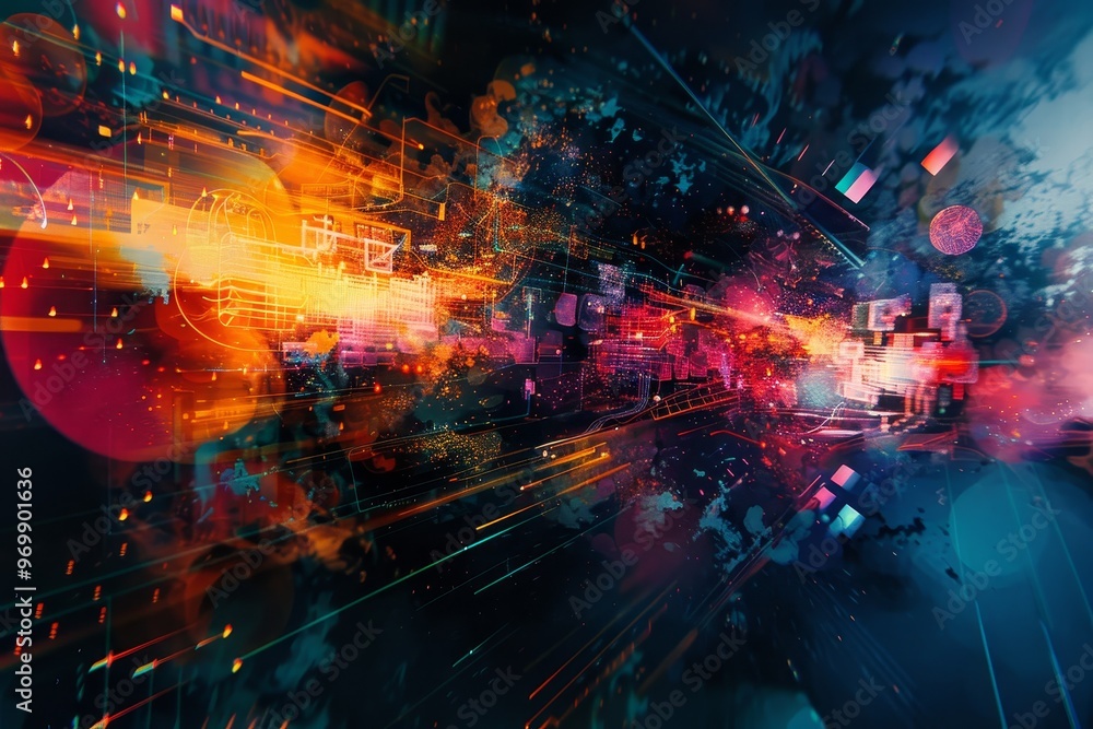 Poster a vibrant explosion of color and light, capturing the essence of digital energy and movement in a dy