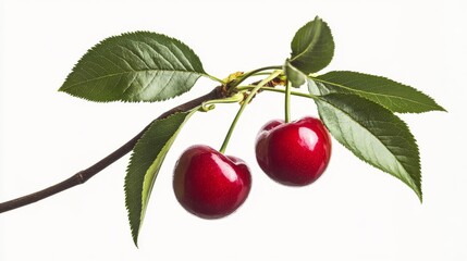 Cherry Branch with Two Cherries on White Background, cherry, fruit, leaves,