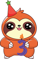 cute sloth holding birthday candle, with number 3