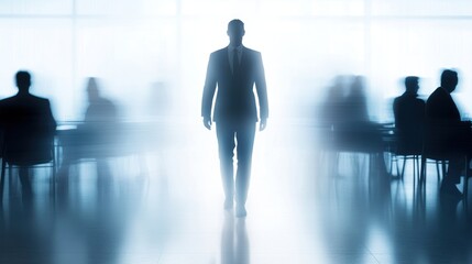 Fototapeta premium Silhouetted Businessman Walking Through a Blurred Office