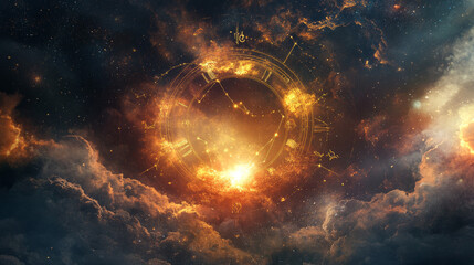 Depict the zodiac signs in alignment with celestial phenomena, such as eclipses, meteor showers, or equinoxes. Show how these events relate to the astrological significance of the signs.