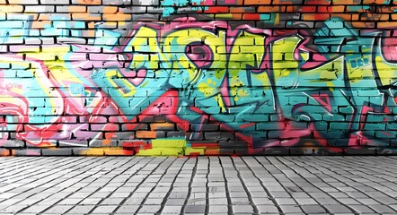 Colorful graffiti on building brick wall. Street art paintings.