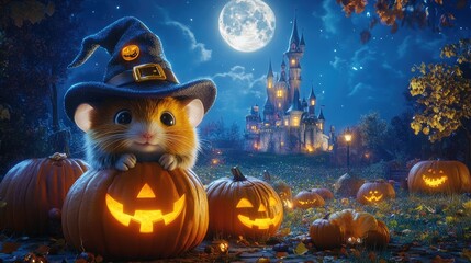 Cute Mouse Wearing Witch Hat With Jack-O-Lantern.