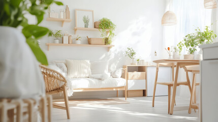 Sunlit, minimalist living space with light wooden furniture, potted plants, and soft neutral decor, creating a serene and airy atmosphere perfect for relaxation and tranquility.