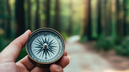 A person holding a compass in their hand on the side of a road, AI