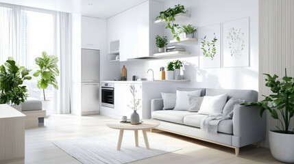 Fototapeta premium Modern, minimalistic living room and kitchen with natural light, greenery, and neutral tones creating a serene and inviting atmosphere.