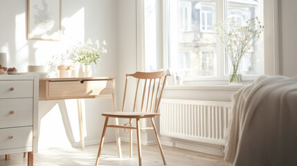 Fototapeta premium A cozy, sunlit room featuring a wooden chair, a simple desk with potted plants, and light decor, perfect for a serene workspace.