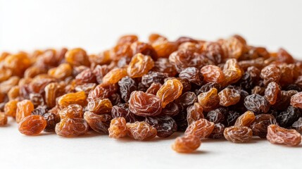 Obraz premium Close-up of a Pile of Golden Raisins on a White Background, Food Photography, Still Life, Raisins, Dry Fruit, Golden Raisins, Food Photography