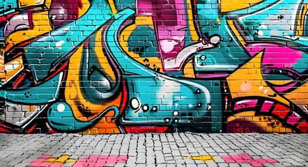 Colorful graffiti on building brick wall. Street art paintings.