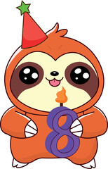 cute sloth holding birthday candle, with number 8