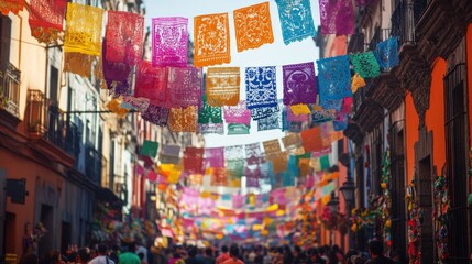 Fototapeta premium Colorful Paper Flags Hanging Over a Crowded Street in Mexico