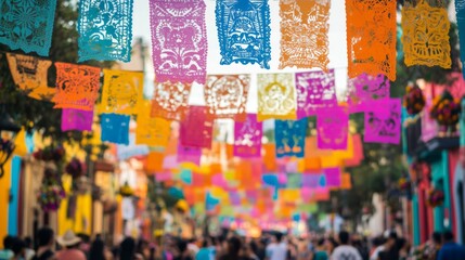 Fototapeta premium Colorful Paper Banners Hanging Over a Crowded Street