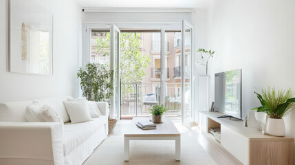 Fototapeta premium A bright and airy living room featuring white furniture, large windows, and a balcony view, creating a serene and welcoming atmosphere.