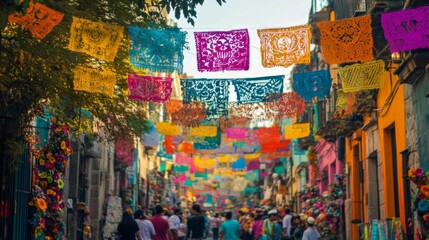 Colorful Paper Flags Adorn a Narrow Street in Mexico