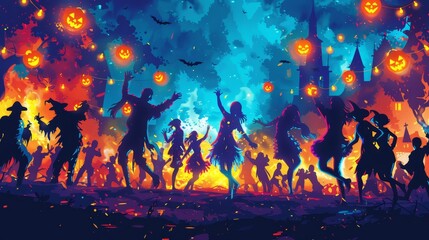 A vibrant Halloween festival scene with dancers, glowing pumpkins, and a spooky atmosphere under a starry night.