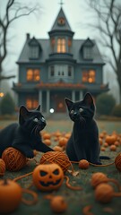 Два черный котенок играют с клубками пряжи во дворе большого дома, оформленного в стиле Хэллоуина