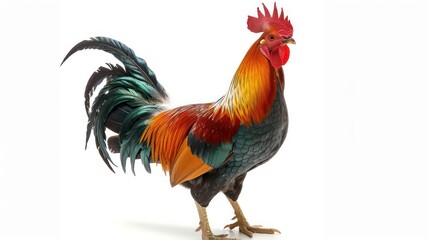 Fototapeta premium A rooster with a red comb and wattles, black, gold, and brown feathers stands on a white background.