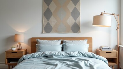 Generative AI, a bed with a blue comforter and a painting on the wall above it and a lamp on a nightstand, muted colors, a 3D render, geometric abstract art