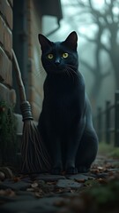 Close-up of a black cat standing on the corner of a house with a witch's broom nearby