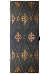 Old metal black door with golden ornaments in a stone wall, usually used in cathedrals, churches, palaces and castles, isolated on white background