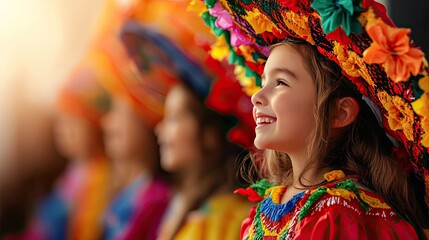 Fototapeta premium A cheerful girl in a colorful traditional costume, wearing a vibrant floral hat, radiating joy and cultural pride. Hispanic Heritage, Day of the dead
