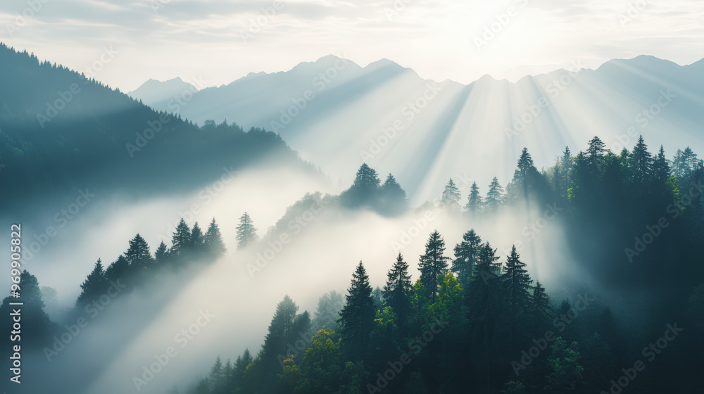 Poster sunlight streams through a misty forest in mountainous terrain, creating a serene and ethereal lands