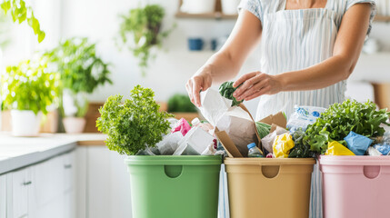 A person sorts recyclables and organic waste into different colored bins in a bright, clean kitchen with plants and tidy shelves in the background.