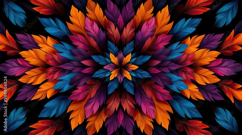 Poster vibrant abstract design featuring colorful leaves in a symmetrical pattern, creating a striking visu