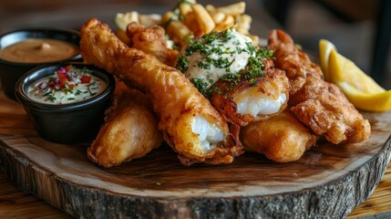 Crispy Fish and Chips with Dipping Sauces on a Wooden Platter, fish and chips, pub food, seafood