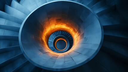 Fototapeta premium Spiral staircase with contrasting blue and orange lighting. Concept of architecture