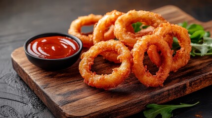 Crispy Onion Rings with Ketchup on Wooden Board, Appetizer, Food Photography, Onion Rings, Ketchup