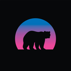 Silhouette of a bear against a striped retro sunset. Original vector illustration in vintage style isolated on light background. T-shirt design.