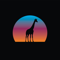 Fototapeta premium Giraffe silhouette against a striped retro sunset. Original vector illustration in vintage style isolated on light background. T-shirt design.