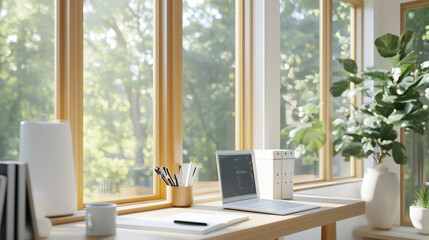 A sunlit home office with a wooden desk, laptop, stationery, and coffee mug, surrounded by large windows overlooking a lush green garden.