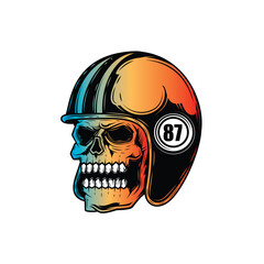 Zombie skull wearing a motorcycle helmet. Original vector illustration in vintage style isolated on white background. T-shirt design.