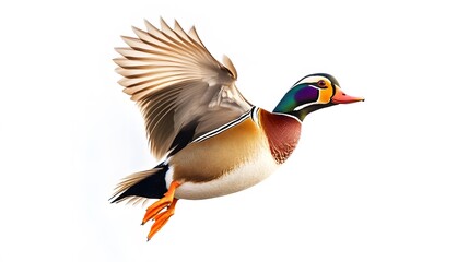 Obraz premium Mandarin Duck Bird Flying on White Background, Photo Realistic, Wallpaper, Cover and Screen for Smartphone, PC, Laptop, 9:16 and 16:9 Format