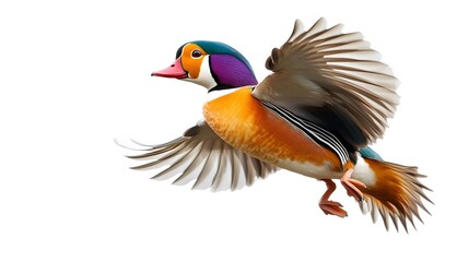 Obraz premium Mandarin Duck Bird Flying on White Background, Photo Realistic, Wallpaper, Cover and Screen for Smartphone, PC, Laptop, 9:16 and 16:9 Format
