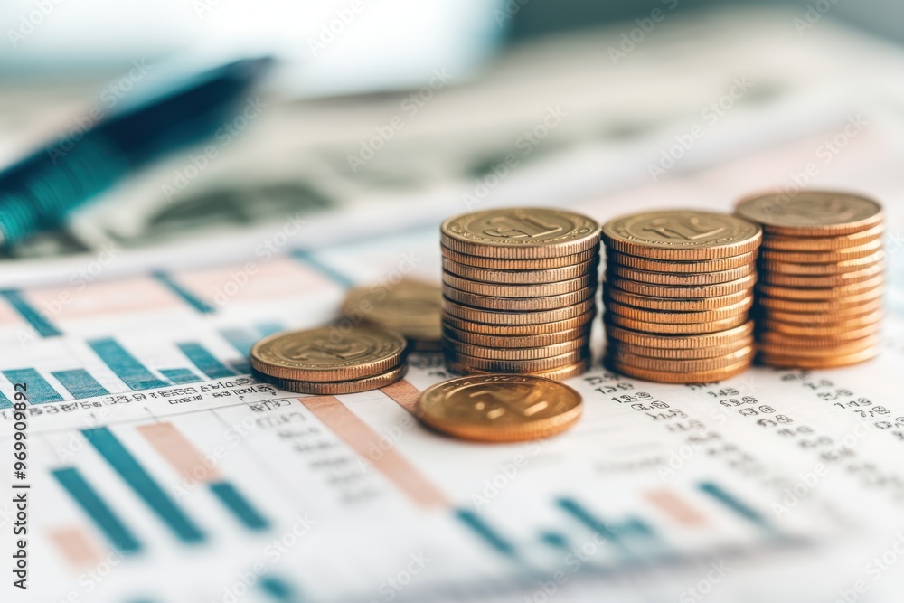Poster stacks of coins and bills on top of a financial statement generative ai